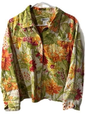 Coldwater Creek Floral Button-Front Jacket in Green, Yellow & Orange